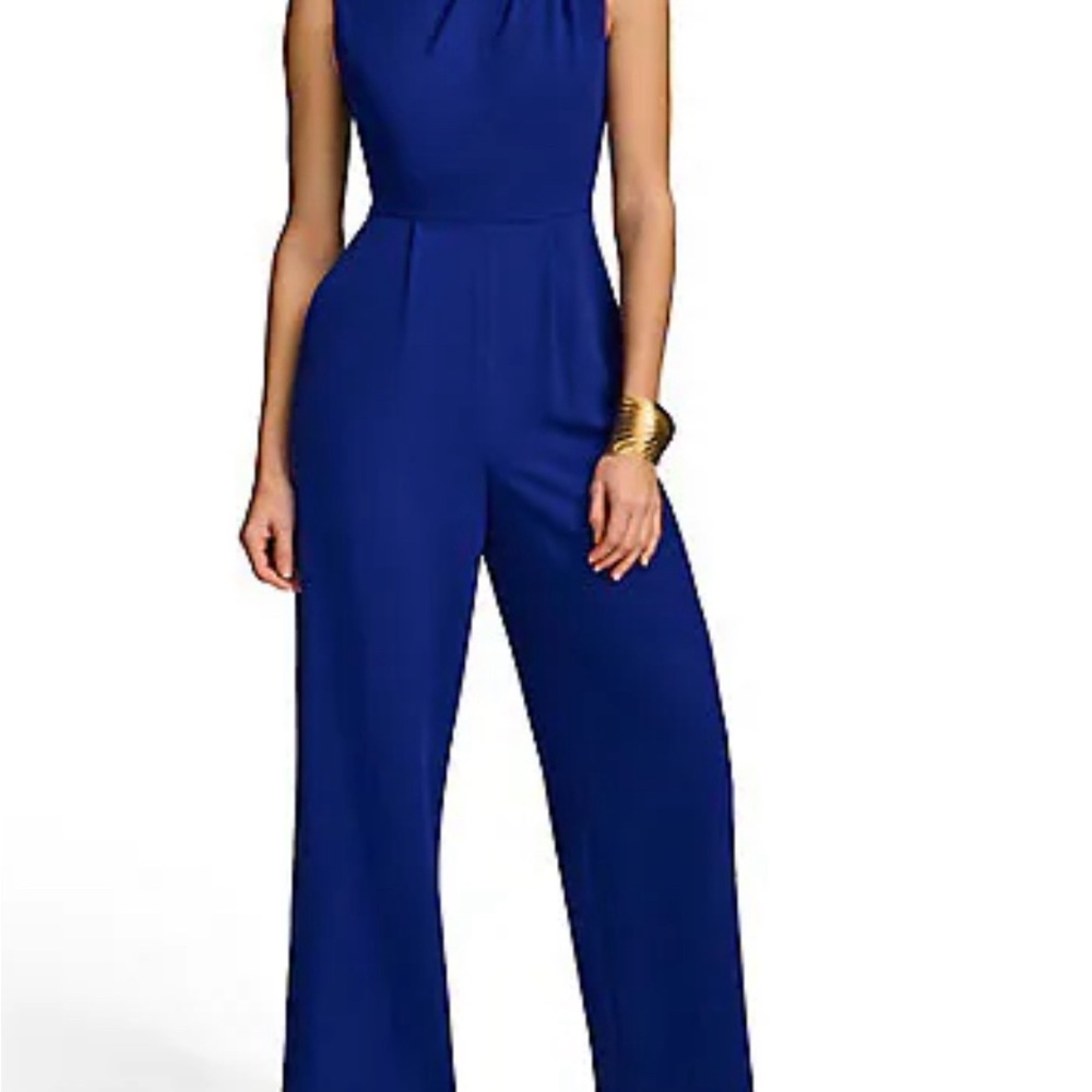 Calvin Klein blue crepe jumpsuit mock neck back tie closure wide leg size 16